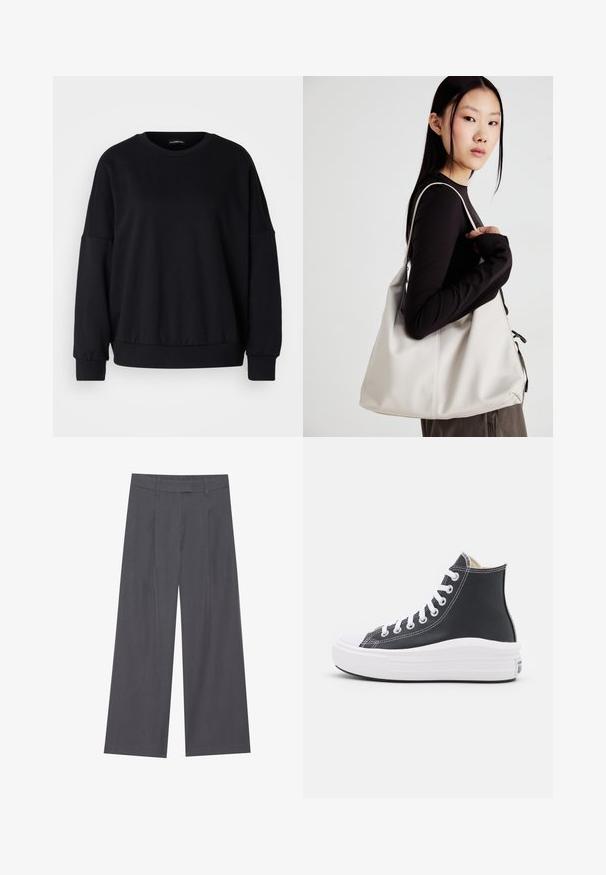 Black sweatshirt with a crew neck, relaxed fit, dropped shoulders, ribbed cuffs, and a textured fabric. Minimal design with no patterns.; Gray wide-leg trousers with a smooth texture, featuring a pleated design at the front and a standard waistline for a comfortable fit.; Black high-top sneaker with white laces and rubber sole. Features a smooth leather texture and white stitching accents.; Beige handbag made of soft material, featuring a slouchy design, stitched detailing, and two shoulder straps. Suitable for everyday use.