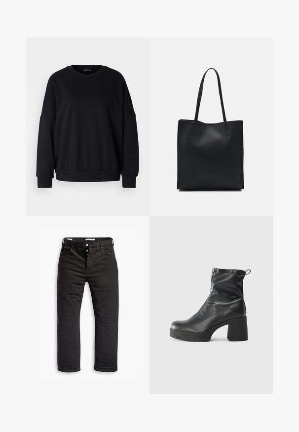 Sudadera negra con cuello redondo, corte relajado, hombros caídos, puños de canalé y una tela texturizada. Diseño minimalista sin patrones.; Pantalones vaqueros de mezclilla negra con un diseño de pierna recta, que cuentan con un cierre de botón, cinco bolsillos y un sutil detalle de costura. Textura suave.; Botines negros de tobillo, hechos de cuero suave, con cierre lateral, tacón grueso texturizado y diseño de punta redondeada.; Bolso tote de cuero negro con textura lisa, forma rectangular y dos asas largas. Sin herrajes ni adornos visibles.