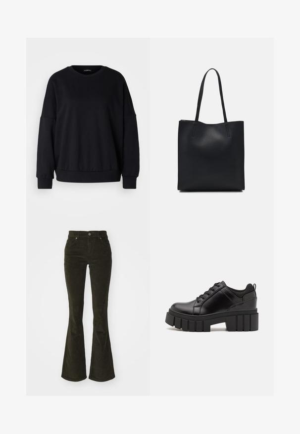 Fekete pulóver kerek nyakkal, laza fazonban, ejtett vállakkal, ribbelt mandzsettákkal és texturált anyaggal. Minimalista dizájn, minta nélkül.; Sötétzöld, bővülő kordbársony nadrág. Elől zsebekkel, gombos záródással és puha, texturált anyaggal rendelkezik, amely bordás mintázatú.; Fekete bőr platform cipők vaskos blokk sarkakkal, kerek orral és hagyományos fűzős kialakítással. Simára csiszolt felület és minimális részletezés jellemzi.; Fekete bőrtáska sima felszínnel, téglalap alakú, két hosszú füllel. Nincs látható fémkiegészítő vagy díszítés.