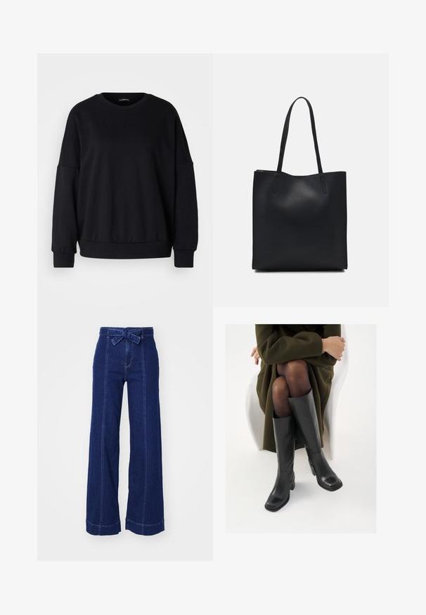 Crni dukserica s okruglim izrezom, opuštenog kroja, spuštenim ramenima, rebrastim manžetama i teksturiranom tkaninom. Minimalistički dizajn bez uzoraka.; Široke tamne traperice s visokim strukom, koje imaju pojas s prednjim vezanjem i kontrastne šavove uz bočne šavove i rubove.; Čizme od crne kože do koljena sa četvrtastim vrhom i blok petom, prikazane s manekenkom koja sjedi u maslinasto zelenom kaputu. Glatka tekstura, minimalni detalji.; Crna kožna torba za nošenje s glatkom teksturom, pravokutnim oblikom i dvije duge ručke. Nema vidljivih metalnih dijelova ili ukrasa.