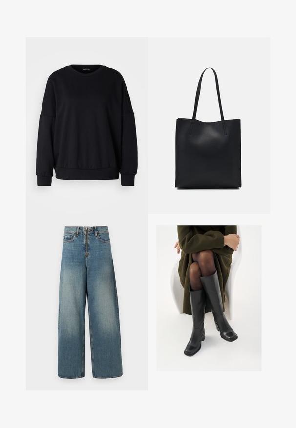 Must mustega krae-särgi lõige, mugav istuvus, langetatud õlad, soonikkoes mansetid ja tekstuuriga kangas. Minimalistlik disain, ilma mustriteta.; Kergelt sinised laiade säärte teksad. Sisaldab lukuga fronti, millel on nööbiga kinnitus, ja õrna pleekimist, et saavutada kulunud välimus.; Knee-high mustad nahast saapad nelinurkse varbaga ja plokilise kontsaga, esitatud mudeli kõrval, kes istub oliivirohelises mantlis. Sujuv tekstuur, minimaalne detailide arv.; Mustast nahast kott sujuva tekstuuriga, ristkülikukujuline ja kahe pika sangaga. Pole nähtavat riistvara ega kaunistusi.