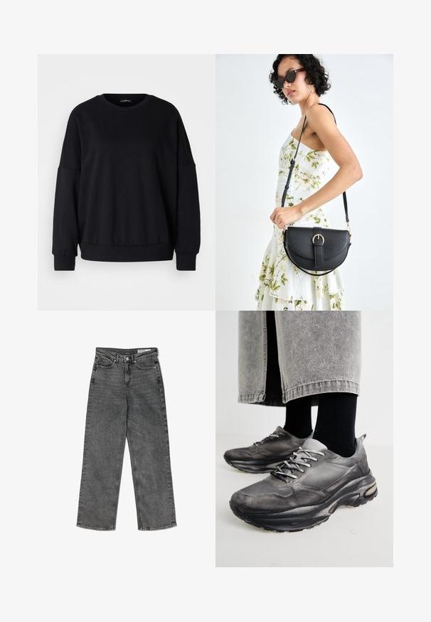 Crni dukserica s okruglim izrezom, opuštenog kroja, spuštenim ramenima, rebrastim manžetama i teksturiranom tkaninom. Minimalistički dizajn bez uzoraka.; Crne oprane traperice visokog struka ravnog kroja s prednjim džepovima, petljama za remen, zakopčavanjem na dugme i oznakom brenda na unutrašnjem pojasu.; Crne i sivo sportske cipele imaju mrežastu gornjište, debele potplate i vezice. Imaju zaobljen vrh i vidljive detalje s jastučićima.; Crna kožna torba s lukovitim oblikom, odvojivim remenom i zlatnim detaljima. Torba ima preklop s kopčom.