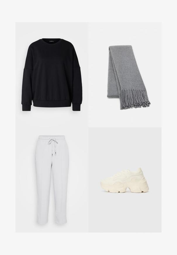 Čierna mikina s okrúhlym výstrihom, voľným strihom, spadnutými ramenami, rebrovanými manžetami a textúrovanou tkaninou. Minimum dizajnu bez vzorov.; Svetlošedé elastické nohavice s nastaviteľnou šnúrkou v páse, ktoré majú dve bočné vrecká a zúžený strih nohavíc. Hladký textilný materiál.; Masívne biele tenisky vyrobené z texturovanej sieťoviny a syntetických materiálov, s hrubou podošvou a zložitými vzorovými detailmi na bokoch.; Sivá vlnená šatka s jemnou textúrou, s strapcovými okrajmi a jednoduchým dizajnom. Uložená pekne zložená, ukazujúca svoj predĺžený tvar.