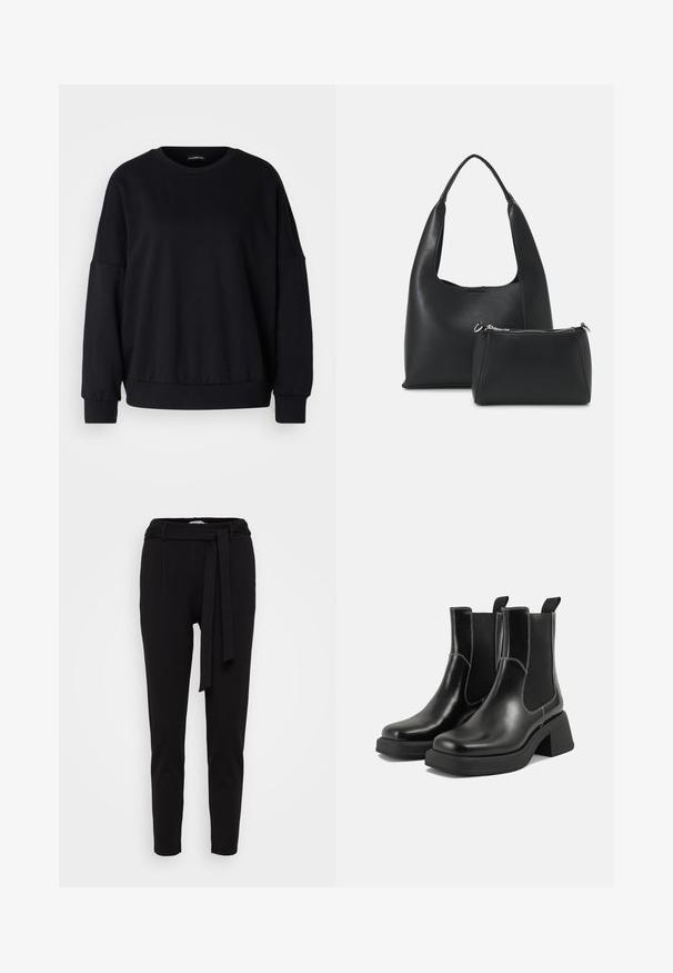Juodas džemperis su apvalia iškirpte, laisvo kirpimo, kritinėmis petnešomis, gumuotais rankogaliais ir tekstūruota medžiaga. Minimalus dizainas be raštų.; Juodos aptemptos kelnės, pagamintos iš minkštos medžiagos, su juosmeniu ir audinio diržu bei dviem priekiniais kišenėmis. Lygus paviršius ir minimalus dizainas.; Juodos odinės Chelsea botai su storiu kulnu, elastinėmis šoninėmis panelėmis ir kontrastinga balta siūle. Tekstūruota apdaila.; Even&Odd Rankinė - black