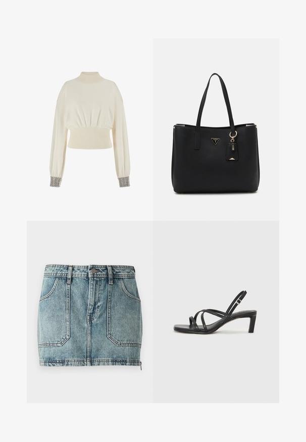 Tejfehér szűk, rövid pulóver magas nyakkal, bordás derékkal és laza ujjal. A mandzsetták fémből készült gyöngyökkel díszítettek.; Világoskék farmer mini szoknya, öt zsebes kialakítással, övhurkokkal, fémből készült gombos záródással és kontrasztos varrással.; Fekete pántos szandál négyzetes orral és alacsony blokk sarkal. Több vékony pánttal és állítható boka pánttal rendelkezik. Sima bőrből készült.; Fekete tote táska strukturált szintetikus anyagból, két fogantyúval, arany logó táblával és egy kis címkével, amely kiemelő részletet tartalmaz.