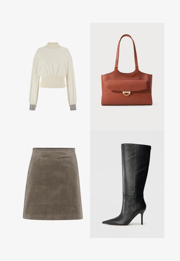 Tejfehér szűk, rövid pulóver magas nyakkal, bordás derékkal és laza ujjal. A mandzsetták fémből készült gyöngyökkel díszítettek.; Khaki kordbársony mini szoknya egyenes fazonnal, sima textúrával és egyszerű derékszíjjal, amelyen függőleges bordás vonalak találhatók.; Fekete bőr térdmagasságú csizma hegyes orral és karcsú tűs sarokkal, sima textúrával, oldalnézet semleges háttér előtt.; Barna bőr bevásárló táska hosszú füllel, elülső fedélzsebbe, és arany szív alakú zár, amelyre az "Love Moschino" felirat van gravírozva.
