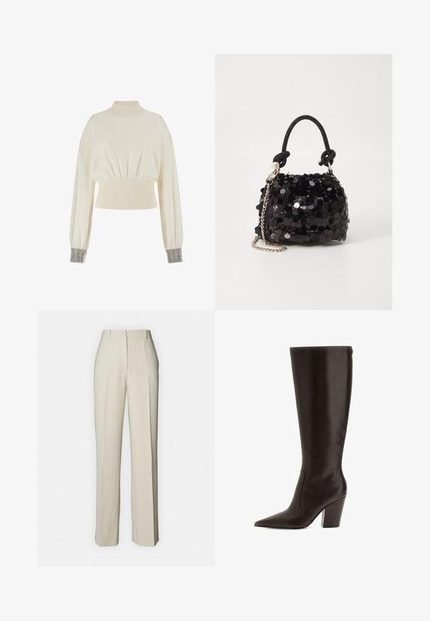Maglione corto color crema con collo alto, vita a costine e maniche larghe. Polsini decorati con dettagli di perline metalliche.; Pantaloni beige su misura con taglio dritto, caratterizzati da pieghe frontali, una vita piatta e una texture liscia per una finitura pulita.; Stivale alto in pelle marrone con punta affusolata e tacco a blocco. Presenta una texture liscia e una cerniera laterale per una facile calzata.; Mini borsa a tracolla nera in paillettes con una tracolla texturizzata annodata e catena argentata. Forma rotonda con parte superiore arricciata e dettagli riflettenti.