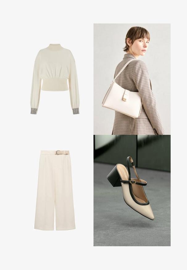 Krémový skrátený sveter s vysokým golierom, rebrovaným pásom a voľnými rukávmi. Rukávy ozdobené kovovými perlami.; Široké nohavice v svetlej smotanovej farbe, so plochým predným dielom, skladaním a zodpovedajúcim opaskom s kovovou prackou.; Béžová lodička so špicatou špičkou, s čiernym lemom, zlatou prackou a robustným blokovým podpätkom na šedom podlahe s tmavozeleným pozadím.; Biely kožený kabelka so štruktúrovaným dizajnom, s magnetickým uzáverom a ramenným popruhom, vystavená na neutrálnom pozadí.