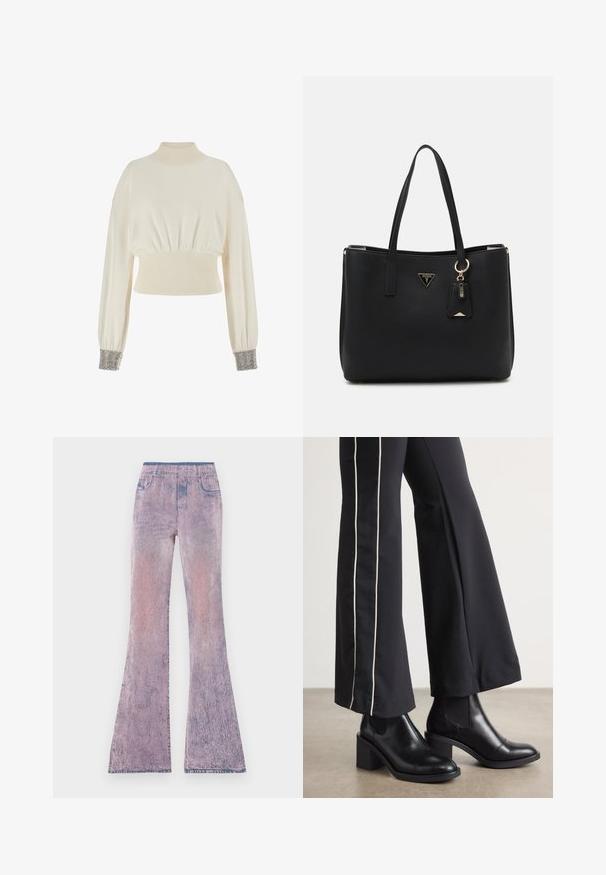 Crème-kleurige cropped trui met een hoge hals, ribbelige taille en losse mouwen. Manchetten versierd met metalen kraal details.; Uitlopende jeans in een vervaging van pastelroze naar paars met een vervaagde textuur. Beschikt over een elastische tailleband en een ontwerp met vijf zakken.; Zwarte leren enkellaarzen met een blokhak, voorzien van elastische zijpanelen. Gecombineerd met zwarte broeken met een witte zijstreep.; Zwarte tote bag van gestructureerd synthetisch materiaal, met twee handvatten, een gouden logo plaatje en een klein label met accentdetail.
