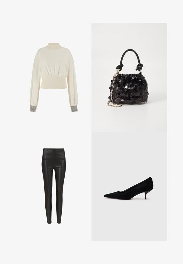 Krem pulover skraćenog kroja s visokim ovratnikom, rebrastim strukom i opuštenim rukavima. Manžetne ukrašene metalnim perlama.; Visoko strukirane crne tajice od umjetne kože s glatkom, sjajnom završnom obradom i prilagođenim siluetom, sužavaju se u gležnju. Nema vidljivih šavova.; Crna nubuk visoka potpetica s šiljastim vrhom i tankom, niskom potpeticom. Glatka tekstura s elegantnim dizajnom, bez vidljivih dodataka.; Crna mini torbica sa šljokicama, s čvorastim teksturiranim remenom i srebrnim lancem. Zaobljenog oblika s naboranim vrhom i reflektivnim detaljima.