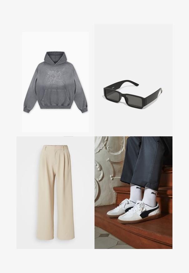 Hooded sweatshirt in gray fabric, featuring a front pouch pocket and embossed graphic design with "FAVELA Worldwide" text and 2013 detail.; Beige wide-leg trousers featuring a high waist, pleated front, and smooth fabric texture. No visible fastenings or patterns.; Puma sneakers in white and black suede, featuring a brown rubber sole. Paired with white socks displaying a black logo, worn with dark pants.; Black sunglasses with rectangular lenses, matte plastic frame, and straight edges. Features brand logo on the inner arm.