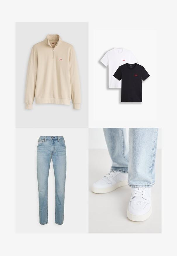 Beige vetoketjuhuppari korkealla kauluksella, pehmeä pinta ja pieni punainen Levi's-logo vasemmassa rinnassa. Joustavat hihansuut ja helma.; Kaksi lyhythihaista t-paitaa: yksi valkoinen ja yksi musta. Molemmat puuvillaa, punaisella Levi's-logolla rinnassa. Yksinkertainen pyöreä pääntie.; Vaaleansiniset farkut suoralinjaisella leikkauksella, joissa on klassinen viiden taskun muotoilu ja metalliknoppi kiinnitys. Haalistunut pesu.; Valkoiset nahkakengät matalalla varrella, joissa on reikäkärkinen muotoilu, litteät nauhat ja minimalistinen design. Yhdistetty vaaleansinisiin farkkuihin.
