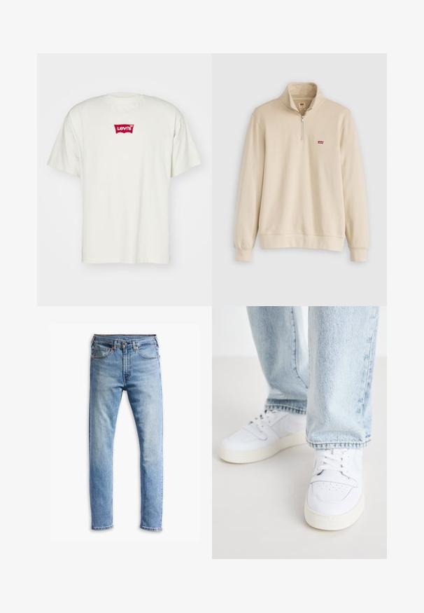 Beige zip-up hettegenser med høy krage, myk tekstur og en liten rød Levi's logo på venstre brystområde. Elastiske mansjetter og hem.; Hvit bomull t-skjorte med en rød brodert Levi's-logo i en klassisk buet badgeform på forsiden. Kortermet og med rund halsdesign.; Lyseblå denimjeans med rett snitt, fem lommer, knappelukking og subtil falming over stoffet.; Hvite lær lave sneakers med perforert tå, flate lisser og minimalistisk design. Kombinert med lyseblå denimjeans.