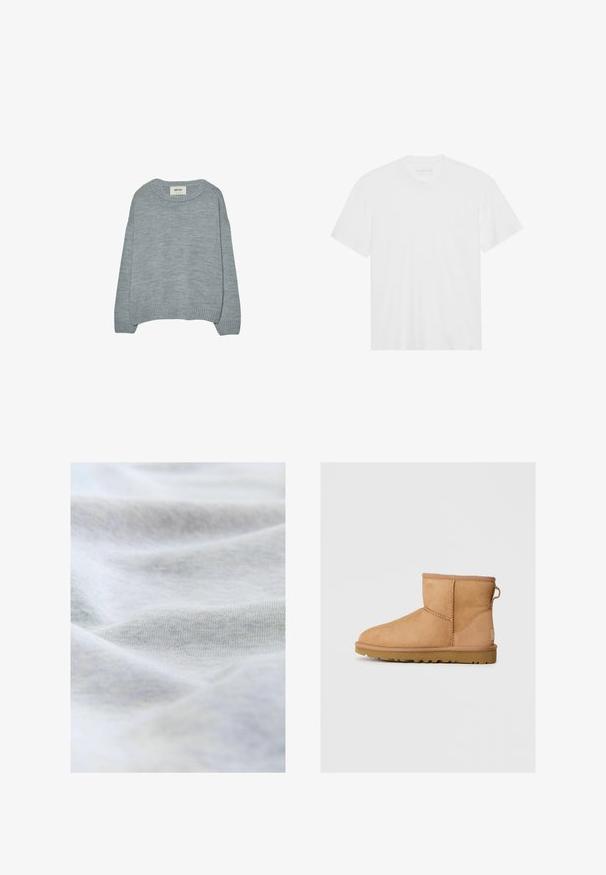 Hellgrauer Pullover aus weichem Strickstoff, mit Rundhalsausschnitt, überschnittenen Schultern und Rippbündchen an den Ärmeln und am Saum. Schlichtes Design, ohne Muster.; Weißes Baumwoll-T-Shirt mit kurzen Ärmeln, Rundhalsausschnitt und geradem Saum. Glatte Textur, minimalistisches Design ohne Muster oder Akzente.; Weicher, hellgrauer Baumwollstoff mit sichtbarer feiner Strickstruktur und sanften Falten, die subtile Schatten erzeugen.; Hellbraune Wildleder-Stiefeletten mit runder Zehenpartie, genähten Details, Ziehschlaufe an der Rückseite und einer strukturierten Gummisohle. Entwickelt für Komfort und Wärme.