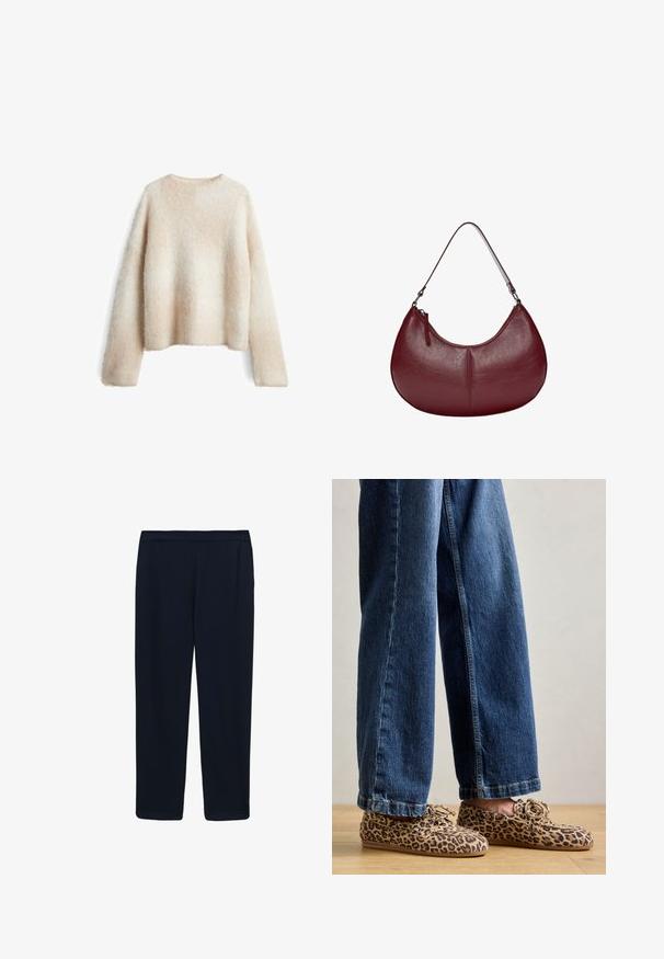 Lichtbeige fuzzy sweater met een ronde halslijn, lange mouwen en een relaxte pasvorm. Zachte textuur met een gradient patroon.; Marineblauwe, lichte broek met een losse pasvorm. Voorzien van een elastische tailleband en rechte pijpen, gemaakt van een gladde stof zonder patronen.; Luipaardprint loafers van suede, met een ronde neus, vetersluiting en platte, flexibele zolen, gecombineerd met blauwe jeans.; Bordeaux leren handtas met een gebogen vorm. Voorzien van een enkele schouderband en een bovenrits, met een gladde, getextureerde oppervlakte.
