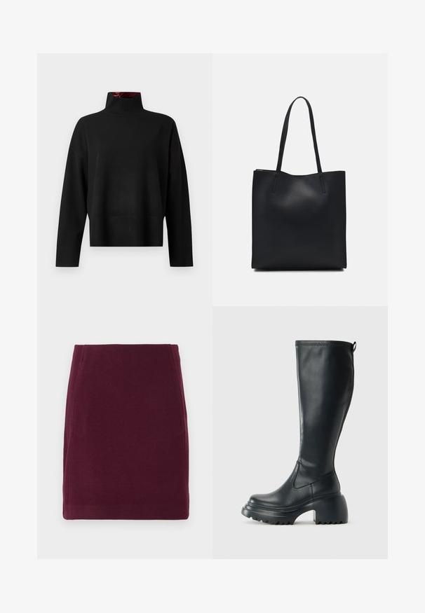 Svart turtleneck genser, laget av mykt strikket stoff. Har en ribbet krage og mansjetter, med en avslappet passform og cropped lengde.; Vero Moda VMFORTUNALLISON SHORT - A-line skjørt - winetasting; Høy svart lærstøvel med chunky plattformsåle og blokkhelt, med trekkstang og teksturert mønster på yttersålen.; Svart lær tote bag med glatt tekstur, rektangulær form og to lange håndtak. Ingen synlige deler eller dekorasjoner.