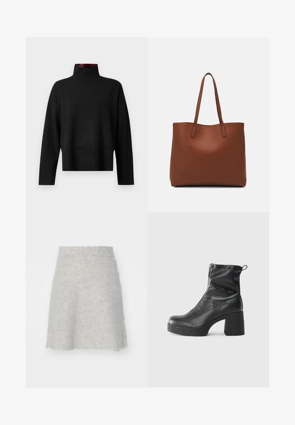 Must mustre, mis on valmistatud pehmest kudumikoest. Omab soonikkoes kaelust ja mansette, lõdva lõikega ja lühikese pikkusega.; Helehallist kootud seelik, mis on valmistatud pehmest materjalist, omades flöödid kuju ja kergelt tekstuurset viimistlust, elastse taljega.; Mustad mustad ansapüksid, mis on valmistatud siledast nahast, külje zipperiga, paksu tekstuuriga kontsaga ja ümmarguse nina disainiga.; Pruun nahast tote-kott, millel on sile tekstuur, avatud ülaosa disain ja kaks õlarihma. Omab minimaalset õmblust ja nähtavat riistvara ei ole.