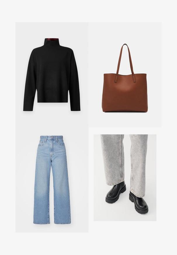 Black turtleneck sweater, made of soft knit fabric. Features a ribbed collar and cuffs, with a relaxed fit and cropped length.; Light blue high-waist wide-leg jeans with front button and zip closure, front and back pockets, on a white background.; Vagabond COSMO - Platform ankle boots - black; Brown leather tote bag with a smooth texture, open top design, and two shoulder straps. Features minimal stitching and no visible hardware.
