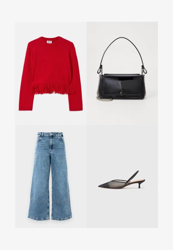 Rdeča pletena jopica s krožnim izrezom in dolgimi rokavi, ki vsebuje teksturiran frizurinski detajl ob spodnjem robu.; Svetlo modri široki jeans hlače z visokim pasom, velikimi sprednjimi žepi in vidno šivanjem. Imajo klasičen dizajn s petimi žepi.; NEOUS IRENA - Klasične pete - black; Črna lakirana usnjena torbica pravokotne oblike, s verižnim trakom in značilnim kovinskim detajlom na sredini. Gladka textura.