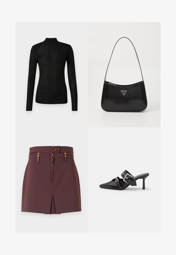 Fekete garbó pulóver hosszú ujjakkal, bordázott textúrával, könnyű kötött anyagból és testhezálló szabással. Látható logók vagy minták nincsenek.; Burgundiszínű mini szoknya karcsú fazonnal, elülső cipzárral, dekoratív cipzárokkal, hasítékkal és arany díszítésű gombos záródással.; Fekete magassarkú mules, hegyes orral, sima bőrből készült. Széles bokapántja van, négyzet alakú ezüst csattal és szegecsekkel.; Fekete lakkbőr válltáska ívelt formával, ezüst háromszög logóval és cipzáros záródással. Simaság jellemzi és vékony pántja van.
