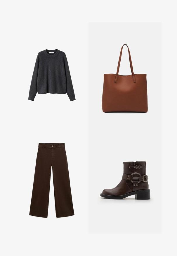 Pulover tricotat gri închis cu guler rotund, mâneci lungi și tiv cu nervuri. Materialul pare moale și texturat, având o croială lejeră.; Pantaloni largi maro dintr-un amestec de bumbac, cu un tiv desfăcut, închidere cu buton frontal și un design clasic cu cinci buzunare. Minimalist și versatil.; Cizmă de gleznă din piele maro, cu vârful rotunjit, elemente decorative din metal argintiu și două curele decorativi. Toc gros negru și talpă texturată.; Geantă de umăr din piele maro cu o textură netedă, design cu vârf deschis și două curele pentru umăr. Prezintă cusături minime și fără componente metalice vizibile.