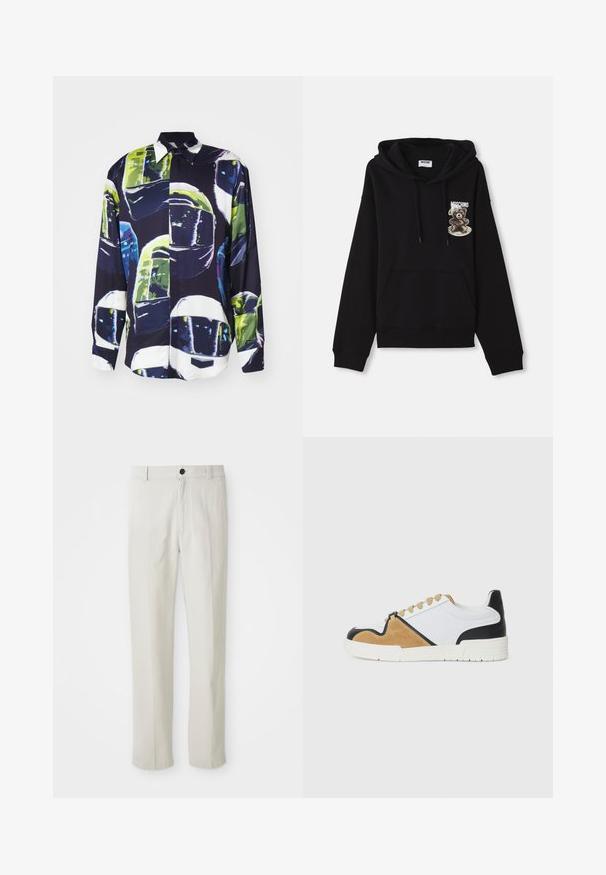 Sweatshirt à capuche noir avec une poche frontale, cordons de serrage, et un design graphique représentant un ours sur une assiette avec le nom de la marque "Moschino."; MSGM CAMICIA - Chemise - black; Pantalons beiges à jambe droite avec passants de ceinture, bouton avant et fermeture éclair, présentés à plat sur un fond blanc.; Baskets en textile blanc avec des accents en daim brun et en cuir noir, présentant un bout rond, un laçage plat et une semelle texturée.