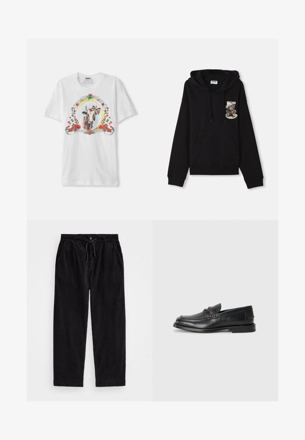 Sort hættetrøje med en frontlomme, snor og et grafisk design af en bjørn på en tallerken med mærkenavnet "Moschino."; Hvid bomulds T-shirt med et centralt grafik af en ko omkranset af roser og italienske flag, med dekorativ tekst i en cirkulær opsætning.; Sort fløjlsbukser med en afslappet pasform, der har en elastisk talje med snøre og sidelommer. Stoffet har en ribbet tekstur.; Sorte læder loafers har en afrundet tå, syede detaljer og en lille gylden accent foran. Sålen er flad og diskret.