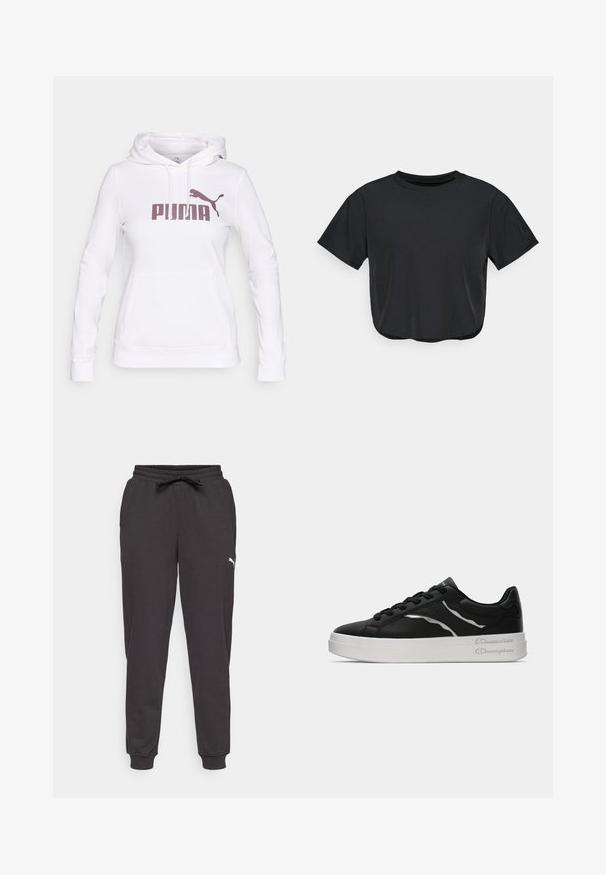 Witte hoodie met een kangaroo zak, voorzien van een bordeauxrood "PUMA" logo en silhouet, een trekkoordcapuchon en ribgebreide manchetten en zoom.; Zwarte cropped t-shirt van zacht materiaal, met een ronde halslijn, korte mouwen en een ontspannen pasvorm. Subtiele stikdetails.; Zwarte joggingsbroek van zacht materiaal, met een elastische tailleband met een trekkoord en geribde boorden. Witte logo-detail op de zijkant.; Zwarte leren sneaker met witte zool, voorzien van dunne zilveren accenten en een vetersluiting. Gladde textuur met merkdetails op de hiel.