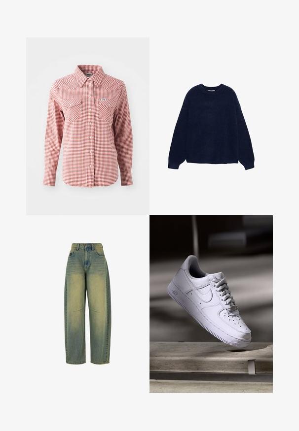 Navy blue knit sweater made from soft fabric, featuring a crew neck and wide sleeves, with a relaxed fit and no visible patterns or hardware.; Red and white checkered long-sleeve shirt featuring a pointed collar, two chest pockets, and button closures. Made of lightweight fabric.; Wide-leg denim jeans in light blue with faded texture. Features five pockets and a high waist. Clean hem and subtle stitching details.; Nike Sportswear AIR FORCE 1 07 - Trainers - white