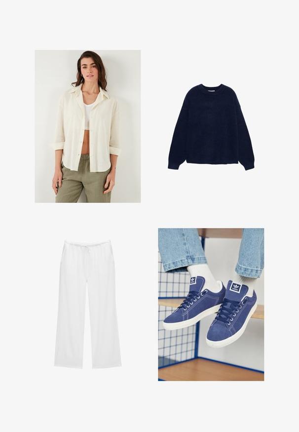 Pulover tricotat de culoare bleumarin, realizat dintr-un material moale, cu guler rotund și mâneci largi, având o croială lejeră și fără modele sau detalii metalice vizibile.; Cămașă lejeră, de culoare crem, cu închidere cu butoane, guler și mâneci suflecate, realizată dintr-un material texturat ușor. Asortată cu pantaloni de culoare măslinie.; Pantaloni albi cu picioare largi, confecționați dintr-un material moale, având o talie elastică cu șnur și două buzunare laterale. Design simplu și curat.; Adidași bleumarin din suede, cu talpă din cauciuc alb, vârfuri rotunde și o etichetă cu logo pe limbă. Ciorapi albaștri strălucitori vizibili.