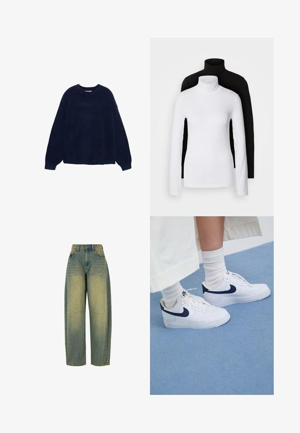 Tamno plava pletena majica izrađena od mekanog materijala, s okruglim izrezom i širokim rukavima, opuštenog kroja bez vidljivih uzoraka ili metalnih dijelova.; Dvije majice s dugim rukavima i visokim ovratnicima, jedna bijela i jedna crna, izrađene su od glatkog, rastezljivog materijala, a obje imaju uski kroj.; Široke traperice svijetloplave boje s izbljeđenom teksturom. Imaju pet džepova i visoki struk. Čista rub i suptilni detalji šavova.; Bijele Nike Air Force 1 tenisice s tamnoplavim detaljima, perforiranim vrhom, ravnim vezicama i gumiranim potplatom, uparene s rebrastim bijelim čarapama.