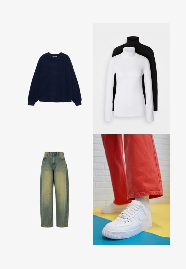 Tamno plava pletena majica izrađena od mekanog materijala, s okruglim izrezom i širokim rukavima, opuštenog kroja bez vidljivih uzoraka ili metalnih dijelova.; Dvije majice s dugim rukavima i visokim ovratnicima, jedna bijela i jedna crna, izrađene su od glatkog, rastezljivog materijala, a obje imaju uski kroj.; Široke traperice svijetloplave boje s izbljeđenom teksturom. Imaju pet džepova i visoki struk. Čista rub i suptilni detalji šavova.; Bijele kožne tenisice s perforiranim prednjim dijelom, teksturiranim đonom i bijelim vezicama, u kombinaciji s širokim crvenim hlačama i plavo-žutom pozadinom.