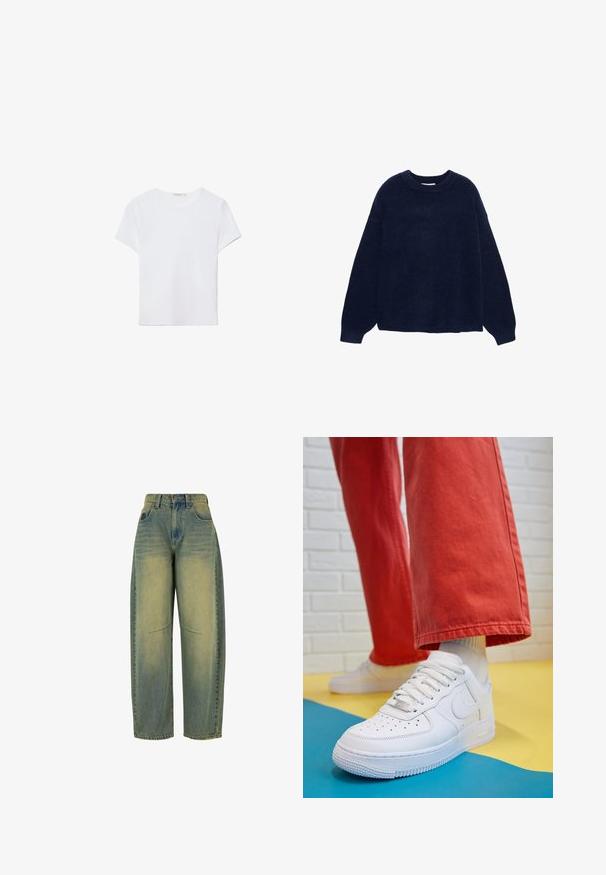 Maglione a maglia blu navy realizzato in un tessuto morbido, caratterizzato da un collo a giro e maniche ampie, con una vestibilità rilassata e senza motivi o accessori visibili.; T-shirt bianco a maniche corte in tessuto morbido. Presenta un collo rotondo e un design semplice e pulito con un orlo dritto.; Jeans in denim a gamba larga di colore blu chiaro con texture sbiadita. Presenta cinque tasche e vita alta. Orlo pulito e dettagli di cucitura delicati.; Sneaker bianco in pelle con punta perforata, suola testurizzata e lacci bianchi, abbinati a pantaloni rossi larghi e uno sfondo blu e giallo.