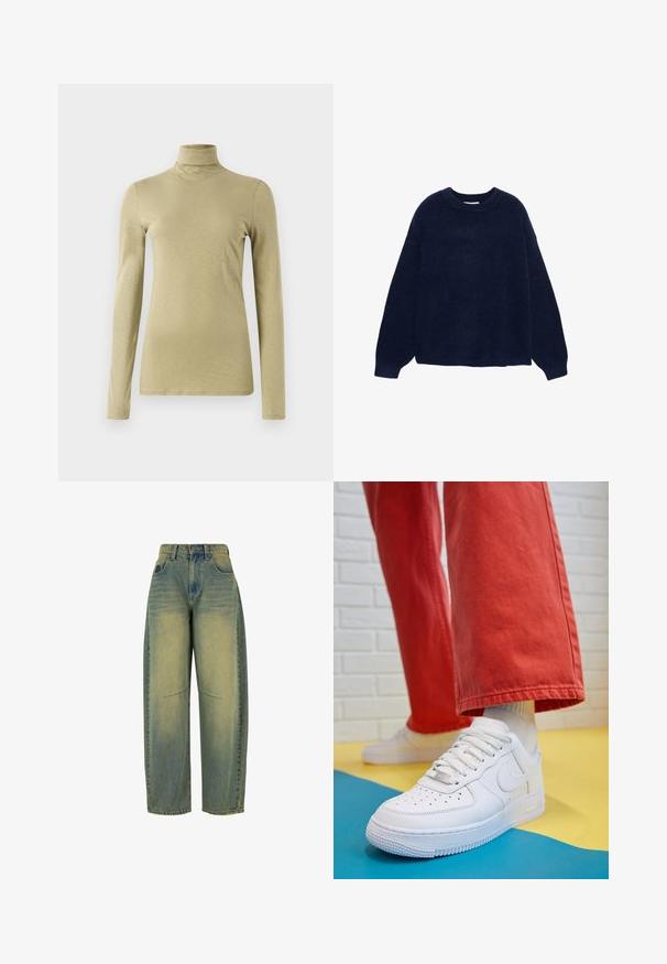 Námornícko modrý pletený sveter vyrobený z mäkkej látky, s okrúhlym výstrihom a širokými rukávmi, s uvoľneným strihom a bez viditeľných vzorov alebo kovových prvkov.; Dlhý rukáv s rolákom v svetlej olivovej farbe, s úzkym strihom a hladkým, mírne textúrovaným materiálom bez ozdôb.; Džínsy s širokými nohavicami v svetlom modrom odtieni s vyblednutou textúrou. Obsahujú päť vreciek a vysoký pás. Čistý lem a jemné švy.; Biele kožené tenisky s perforovanou špičkou, textúrovanou podrážkou a bielymi šnúrkami, spárované so širokými červenými nohavicami na modrom a žltom pozadí.