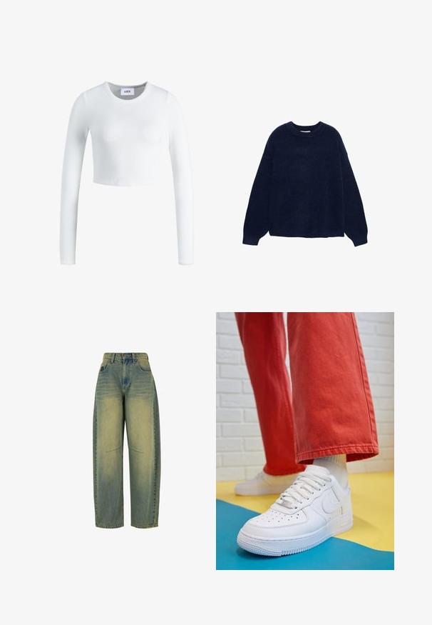 Pulover tricotat de culoare bleumarin, realizat dintr-un material moale, cu guler rotund și mâneci largi, având o croială lejeră și fără modele sau detalii metalice vizibile.; Top cu mânecă lungă albă, cropt, fabricat dintr-un material ribbed. Are un decolteu rotund și un design ajustat. Eticheta este vizibilă în interior, la gât.; Blugi cu picioare lejere, de culoare bleumarin deschis, cu o textură decolorată. Prezintă cinci buzunare și un talie înaltă. Alsăcuri curate și detalii discrete de cusătură.; Tenis alb din piele cu fanta pe vârful piciorului, talpă texturată și șireturi albe, purtat cu pantaloni larga roșii și un fundal albastru și galben.