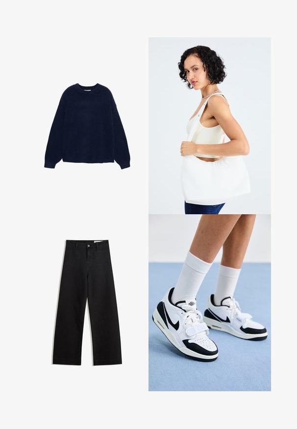Sötétkék kötött pulóver puha anyagból, kerek nyakkivágással és széles ujjakkal, laza szabásban, látható minták vagy fémalkatrészek nélkül.; Fekete, bő szabású farmernadrág magas derékkal, elülső és hátsó zsebekkel, varrott felületekkel és gombos záródással. Sima textúra.; Fehér Nike sportcipők fekete részletekkel, amelyek texturált orrrésszel, perforációkkal, fűzős záródással és pántos díszítéssel rendelkeznek. Fehér zoknikkal viselve.; Fehér válltáska sima anyagból, ovális kivágással és széles pánttal. Egyszerű és modern, látható hardver nélkül.