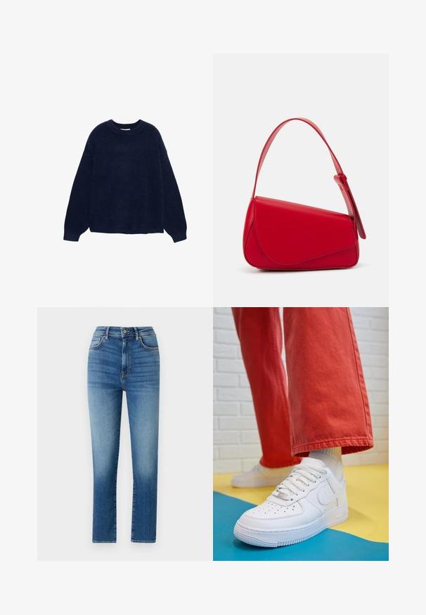 Pulover tricotat de culoare bleumarin, realizat dintr-un material moale, cu guler rotund și mâneci largi, având o croială lejeră și fără modele sau detalii metalice vizibile.; Jeans din denim cu talie înaltă, de culoare albastră, cu croială dreaptă, cinci buzunare și o ușoară decolorare pentru textură și detalii.; Tenis alb din piele cu fanta pe vârful piciorului, talpă texturată și șireturi albe, purtat cu pantaloni larga roșii și un fundal albastru și galben.; Geantă de mână din piele roșie, cu un design unghiular și geometric. Dispune de o singură curea ajustabilă și un sistem de închidere cu clapetă, cu detalii cusute.