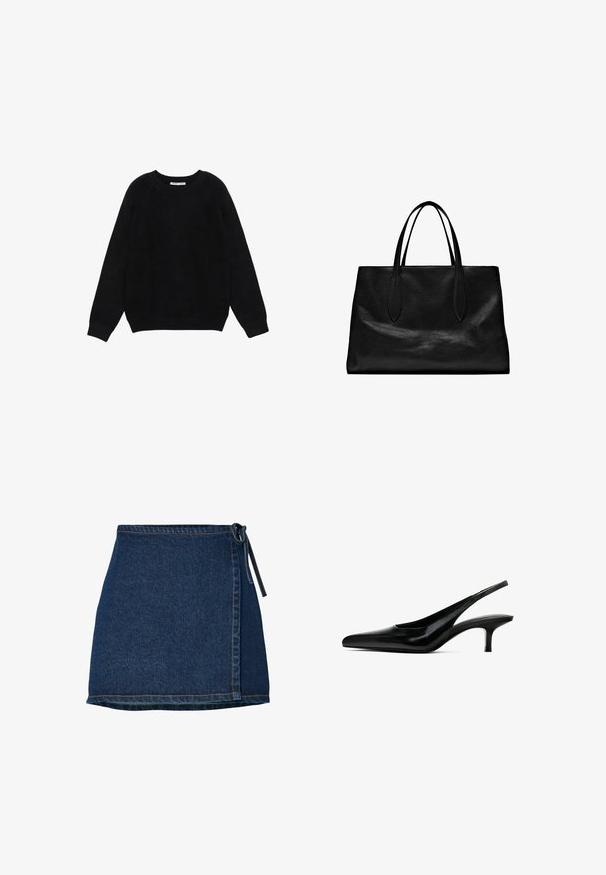 Černý dlouhý rukáv svetr s kulatým výstřihem, s žebrovanými manžetami a lemem, položený rovně na bílém pozadí.; Džínová sukně s převázaným designem, tmavě modré barvy, s vázací pasovkou. Obsahuje švy podél lemů a bočního švu.; Černý špičatý slingback s lesklou koženou povrchovou úpravou a tenkým, nízkým podpatkem. Obsahuje výřez na boku pro prodyšnost.; Černá kožená taška na rameno s dvěma dlouhými uchy, strukturovaným tvarem, hladkou texturou a minimalistickým designem. Žádné viditelné kovové prvky ani ozdoby.