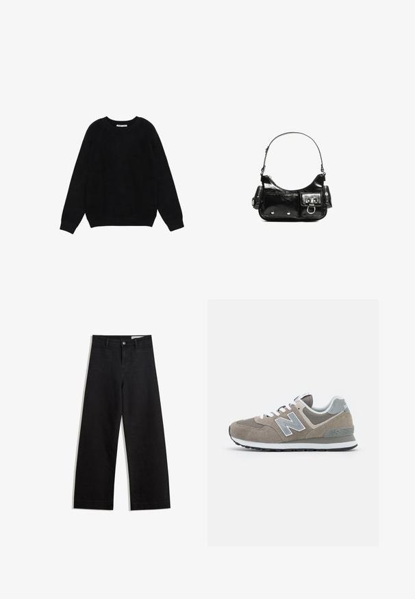 Fekete hosszú ujjú kerek nyakú pulóver bordázott mandzsettákkal és szegéllyel, fehér háttéren, laposan elhelyezve.; Fekete, bő szabású farmernadrág magas derékkal, elülső és hátsó zsebekkel, varrott felületekkel és gombos záródással. Sima textúra.; Barna velúr sportcipők szürke hálós részletekkel, fehér fűzőkkel és szürke 'N' logóval. Gumitalp kis mintázattal a tapadás érdekében.; Fekete lakkbőr kézitáska ívelt formával, egy vállpánttal, elülső zsebekkel és ezüstszínű fémrészletekkel.
