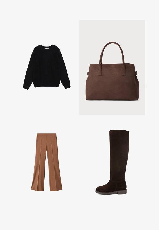 Čierny dlhý rukáv pulóver s okrúhlym výstrihom, s rebrovanými manžetami a lemom, položený na bielom pozadí.; Hnedé široké nohavice s hladkým povrchom, s vysokým pásom, dvoma prednými skladmi a rovný strih k spodnému okraju.; Hnedé semišové čižmy po kolená s okrúhlym špičkom, plochou podrážkou a hladkým povrchom. Minimálne šitie a elegantný dizajn.; Hnedá falošná zamšová taška na rameno s dvoma pevnýmuch rukoväťami, štruktúrovaným tvarom a minimalistickým dizajnom, s jemnými akcentmi prešitia.