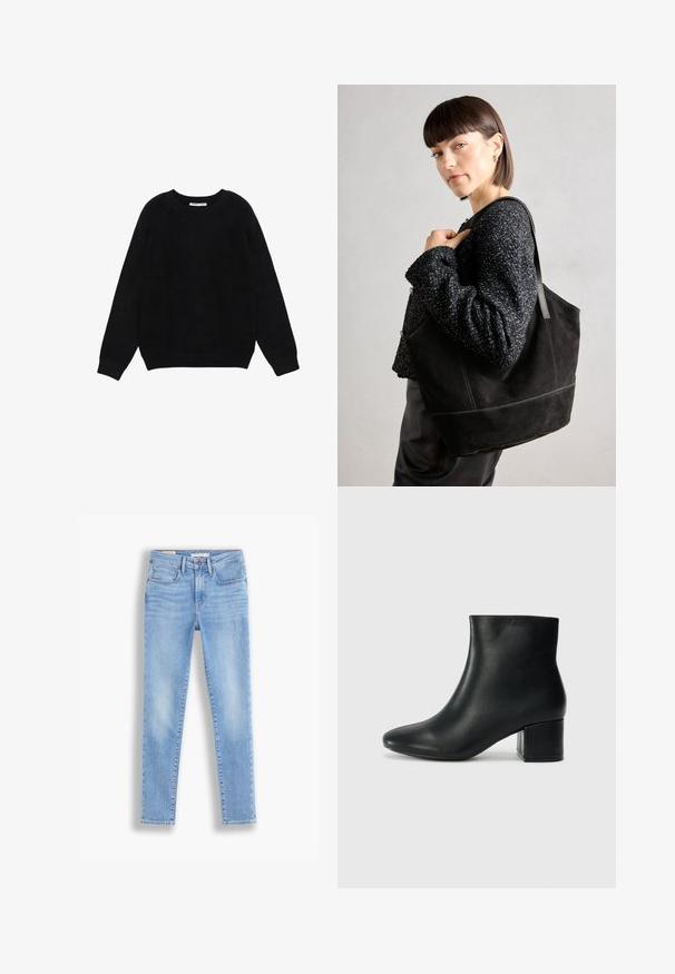Pulover negru cu mâneci lungi și guler rotund, cu manșete și tiv reiat, prezentat întins pe un fundal alb.; Jeans din denim de culoare albastru deschis, cu o croială slim, având cinci buzunare, închidere cu nasture și fermoar, și estompare subtilă pe picioare.; Cizme negre din piele până la gleznă, cu vârf ascuțit și toc robust. Textură netedă, cu accente minime și un design elegant, ajustat.; Geantă tote din suede negru, cu o textură netedă, formă structurată și cusături contrastante. Dispune de bretele lungi pentru purtare pe umăr.