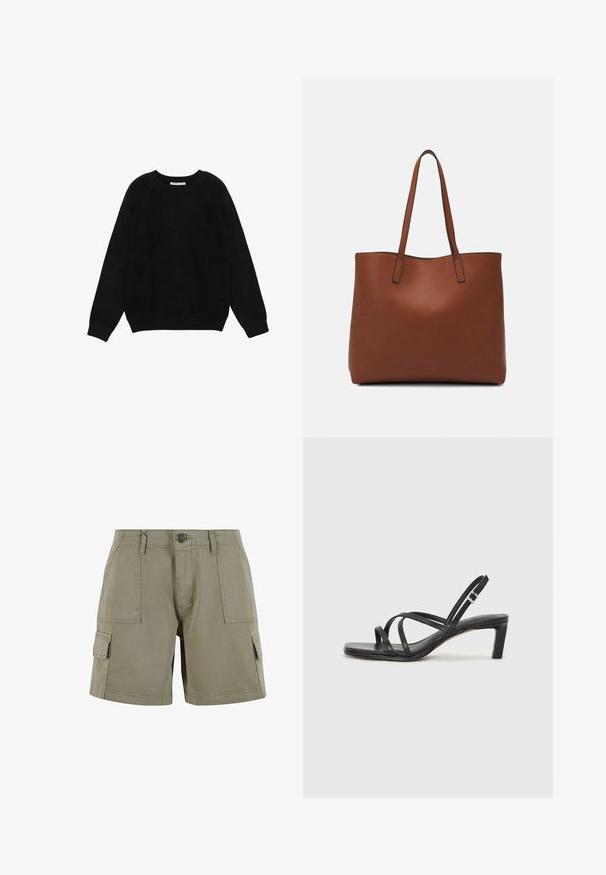 Czarny sweter z długim rękawem i okrągłym dekoltem, z prążkowanymi mankietami i dołem, pokazany na płasko na białym tle.; Khaki szorty cargo wykonane z lekkiej bawełny, z dwiema kieszeniami bocznymi, zapięciem na guzik z przodu i prostym krojem.; Czarne sandały na obcasie z prostokątnym noskiem i niskim słupkowym obcasem. Posiadają wiele cienkich pasków i regulowany pasek na kostkę. Wykonane z gładkiej skóry.; Brązowa skórzana torba tote o gładkiej fakturze, z otwartym wierzchem i dwoma ramiączkami. Charakteryzuje się minimalnym przeszyciem i brakiem widocznych elementów metalowych.