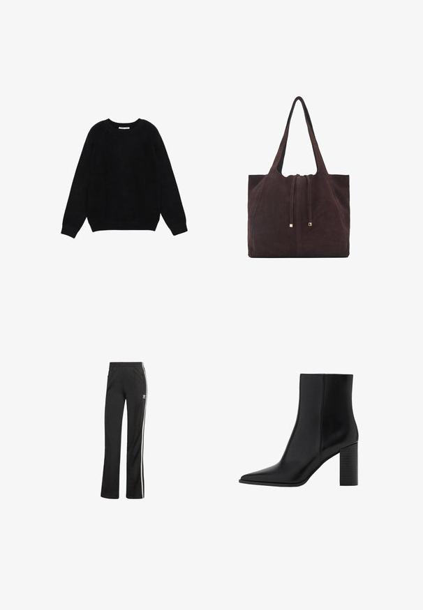 Černý dlouhý rukáv svetr s kulatým výstřihem, s žebrovanými manžetami a lemem, položený rovně na bílém pozadí.; Černé sportovní kalhoty s volným střihem, se bílými bočními pruhy a elastickým pasem. Obsahují malou logovou aplikaci na boku.; Černé kožené kotníkové boty s špičatou špičkou, čtveratým podpatkem, hladkou texturou a švy podél spojů. Výška podpatku je přibližně 8,9 centimetrů.; Mango Velká kabelka - dark brown