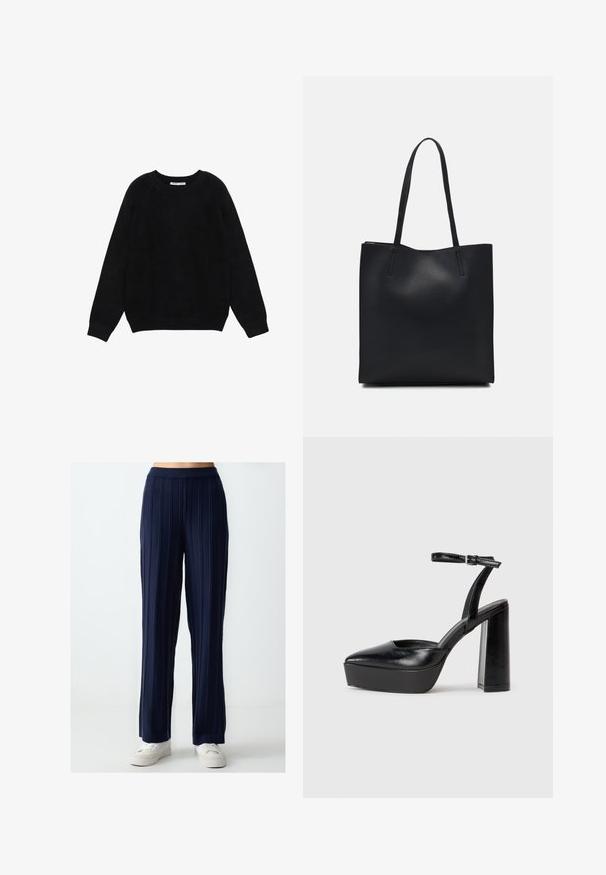 Schwarzer Rundhalspullover mit langen Ärmeln, gerippten Bündchen und Saum, flach auf weißem Hintergrund dargestellt.; Marineblauweite Hose mit vertikaler Ripptextur, elastischem Bund und lockerer Passform, kombiniert mit weißen Freizeitsneakern.; Schwarze Plateau-High Heels mit spitzem Zeh und verstellbarem Knöchelriemen. Gefertigt aus glattem Leder und mit einem klobigen Blockabsatz.; Schwarze Laptoptasche aus Leder mit glatter Textur, rechteckiger Form und zwei langen Griffen. Keine sichtbaren Beschläge oder Verzierungen.