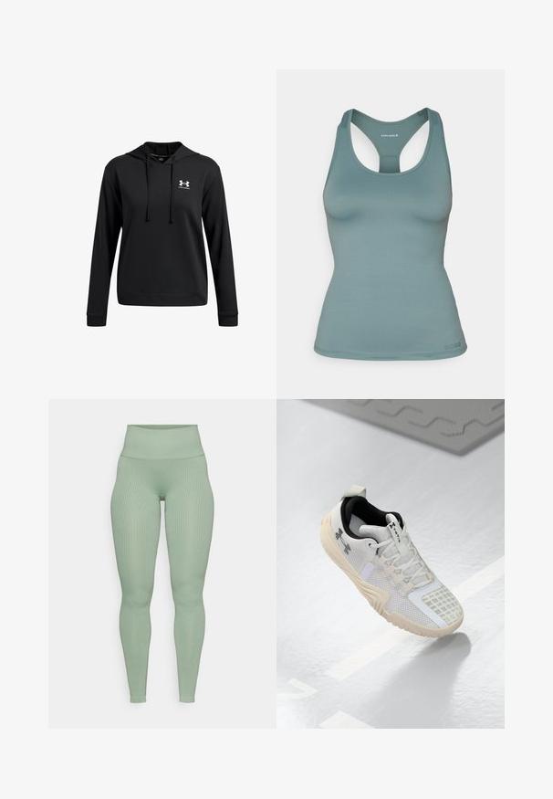 Musta pitkähihainen huppari, joka on valmistettu sileästä kankaasta. Siinä on nyöritettävä huppu, ribbaus hihansuissa ja pieni valkoinen logo rinnassa.; Vaaleansininen hihaton paita, jossa on urheilullinen selkädesign. Sujuva tekstuuri ja tiukka muoto. Minimibrändäys helman kohdalla.; Ribbed high-waisted leggings in a soft sage green color. Made from stretchy fabric with a form-fitting design for added comfort.; Valkoinen urheilukenkä, jossa on teksturoitu verkkopinta, musta sisus ja beige kumipohja, jossa on kuvioitu pito. Koristeltu hienovaraisilla yksityiskohdilla.