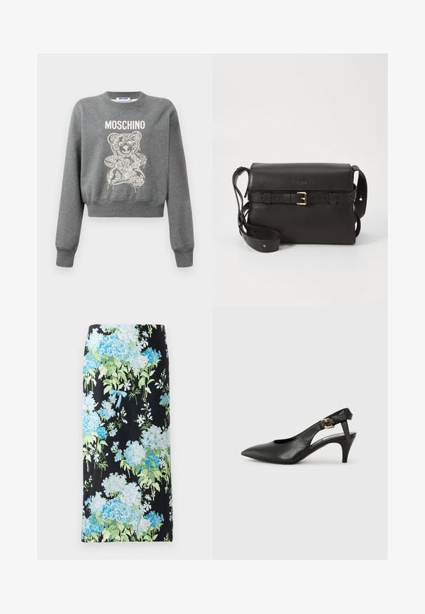 Sivi skraćeni dukserica s grafičkim dizajnom medvjeda u bijeloj boji, sa tekstom "MOSCHINO" iznad. Mekana tekstura i rebraste manžete na rukavima.; Cvećna olovka suknja od crnog materijala, s velikim plavim i zelenim hortenzijama te malim bijelim cvjetovima, ukrašena svijetloplavom mašnom.; Crna kožna slingback cipela s uskim prstom, malim potpeticom i kopčom na remenu oko članka. Glatka tekstura, minimalistički dizajn.; Crna kožna torba s strukturiranim oblikom. Sadrži zlatnu kopču kao naglasak, podesivu traku i glatku teksturu. Minimalistički dizajn.