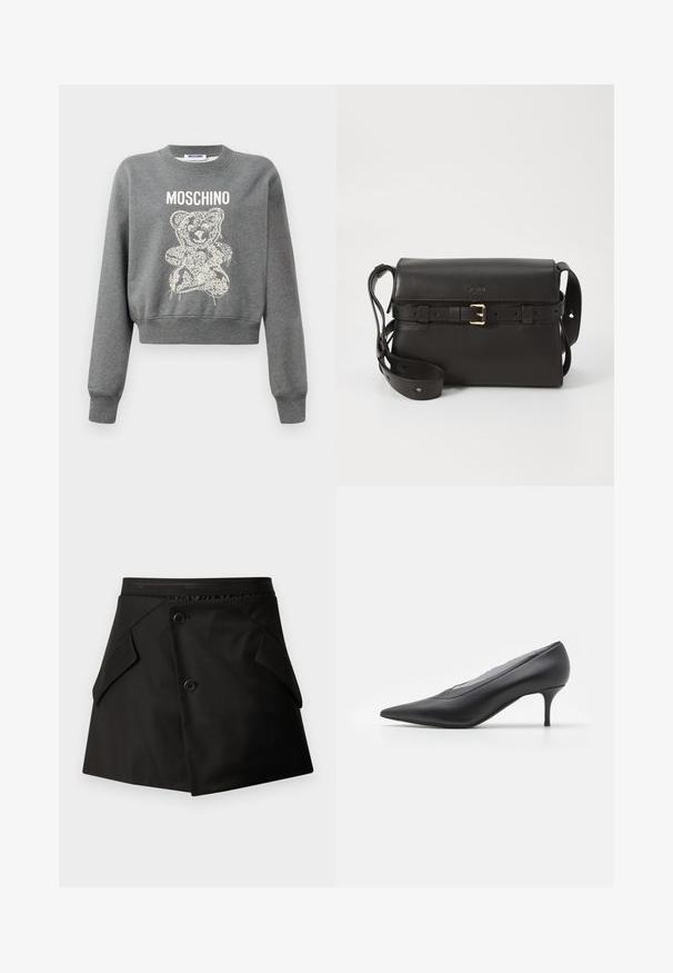 Pulover scurt gri cu un design grafic de urs alb, având textul "MOSCHINO" deasupra. Textură moale și manșete cu tiv ondulat la mâneci.; Fustă neagră cu un design structurat, având două buzunare frontale și două nasturi. Fabricată dintr-un material neted cu o talie texturată.; Pantofii cu toc înalt, ascuțit, de culoare neagră, sunt realizați din piele netedă. Acestea au un toc subțire și un design minimalist, fără embellishmente vizibile.; Geantă de mână din piele neagră cu o formă bine definită. Prezintă un accent cu cataramă aurie, curea ajustabilă și o textură netedă. Design minimalist.