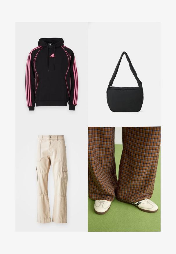 Hoodie preto com detalhes em rosa e três riscas nas mangas. Apresenta um bolso frontal e capuz com cordão. Tecido em mistura de algodão.; Calças cargo bejes feitas de algodão durável, apresentando vários bolsos, um design de pernas retas e detalhes de costura visíveis.; Calças largas em padrão xadrez castanho e azul, combinadas com sapatos brancos com detalhes pretos e solas texturizadas, contra um fundo verde.; Saco preto de ombro com uma textura almofadada, uma forma arredondada e uma alça larga, apresentando um logótipo em relevo na parte da frente.