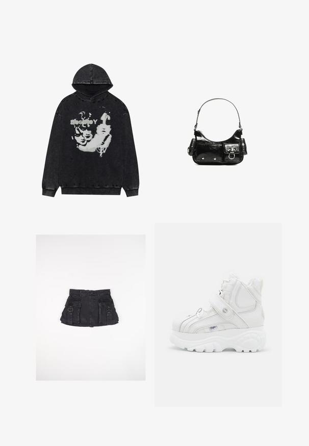 Čierna mikina s kapucňou s opotrebovanými detailmi. Na prednej strane sa nachádza grafický potlač s bielymi tvárami. Mäkkučká textúra, voľný strih.; Čierna riflová mini sukňa s dvoma prednými vreckami, postrannými prackami a priliehavým pásom. Má hladkú textúru a priame zakončenie.; Biele vysoké tenisky z kože, s prackou, okrúhlou špičkou, hrubou podrážkou a vertikálnymi švami.; Čierna laková kožená kabelka s ohnutým tvarom, jedným ramenným popruhom, prednými vreckami a striebornými kovovými doplnkami.