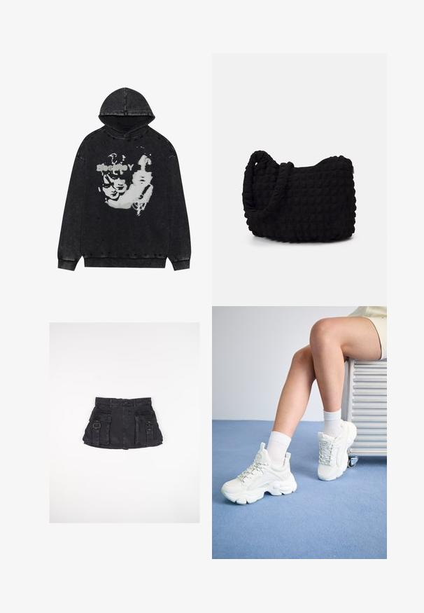 Felpa nera con cappuccio e dettagli consumati. Presenta una stampa grafica di volti bianchi sulla parte anteriore. Texture morbida, vestibilità comoda.; Gonna mini in denim nero con due tasche frontali, fibbie laterali e vita aderente. Presenta una texture liscia e un orlo dritto.; Sneakers bianchi con lacci e suola chunky, realizzati in morbido materiale sintetico, con dettagli testurizzati e un pratico occhiello sul tallone.; Borsa in tessuto nero con un motivo trapuntato e texture. Forma arrotondata, manici corti e spessi, e una struttura morbida e flessibile.